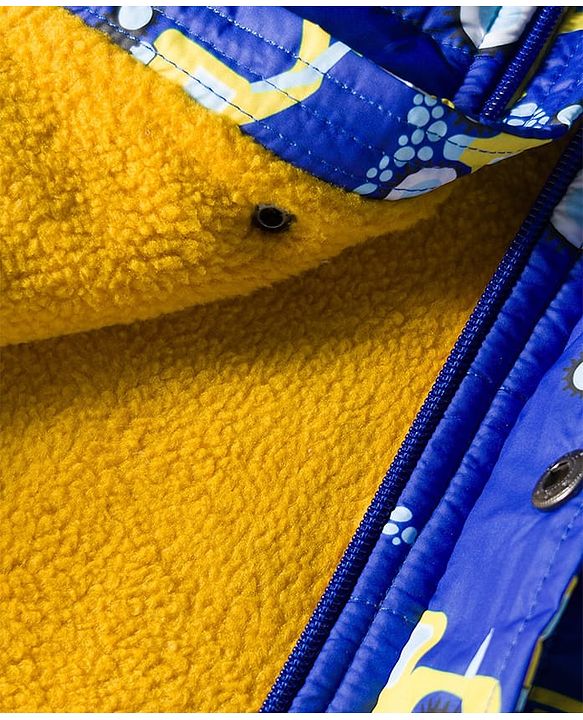 Babyhug Woven Full Sleeves Hooded Padded Jacket with Vehicle Print - Navy Blue