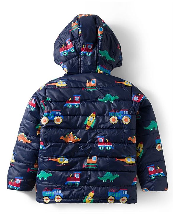 Babyhug Woven Full Sleeves Hooded Padded Jacket with Vehicle Print - Navy Blue
