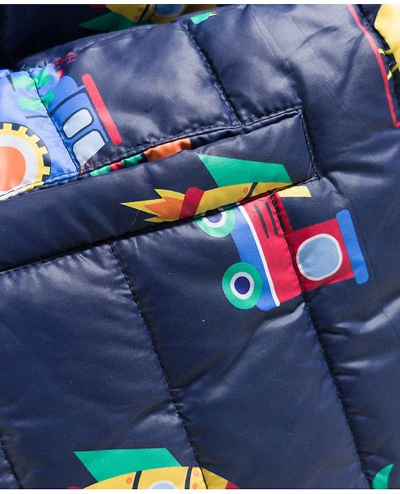 Babyhug Woven Full Sleeves Hooded Padded Jacket with Vehicle Print - Navy Blue