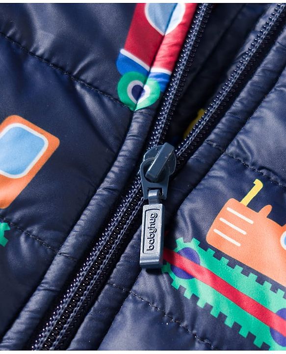 Babyhug Woven Full Sleeves Hooded Padded Jacket with Vehicle Print - Navy Blue