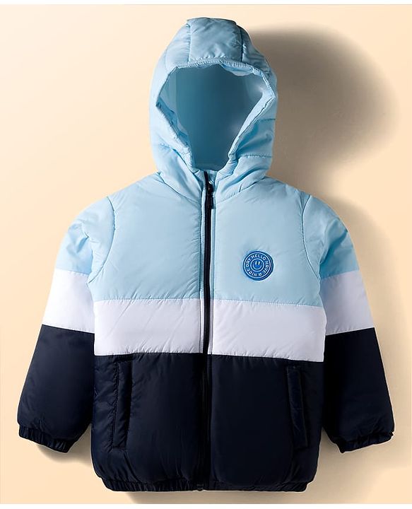 Babyhug Woven Full Sleeves Hooded Padded Jacket With Patch & Color Block Design - White Light & Navy Blue