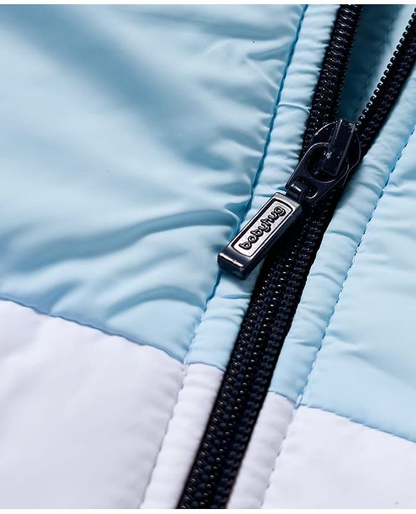 Babyhug Woven Full Sleeves Hooded Padded Jacket With Patch & Color Block Design - White Light & Navy Blue