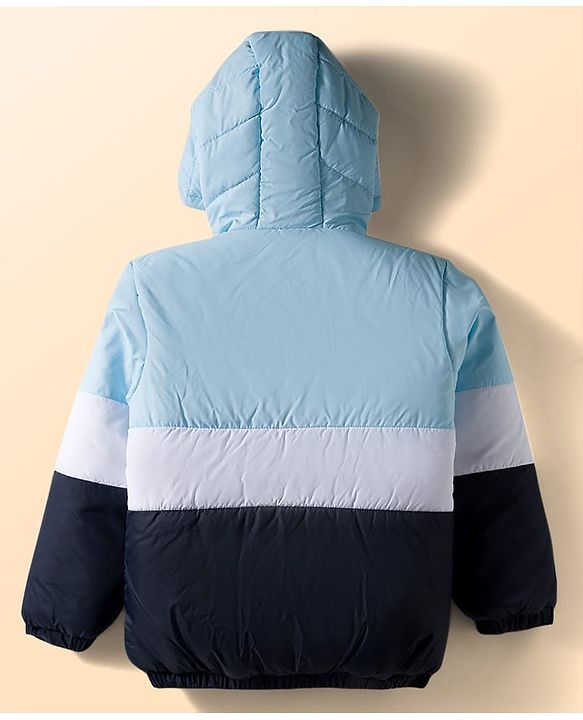 Babyhug Woven Full Sleeves Hooded Padded Jacket With Patch & Color Block Design - White Light & Navy Blue