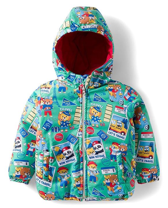 Babyhug Woven Full Sleeves Hooded Padded Reversible Jacket with Animal Print - Sea Green