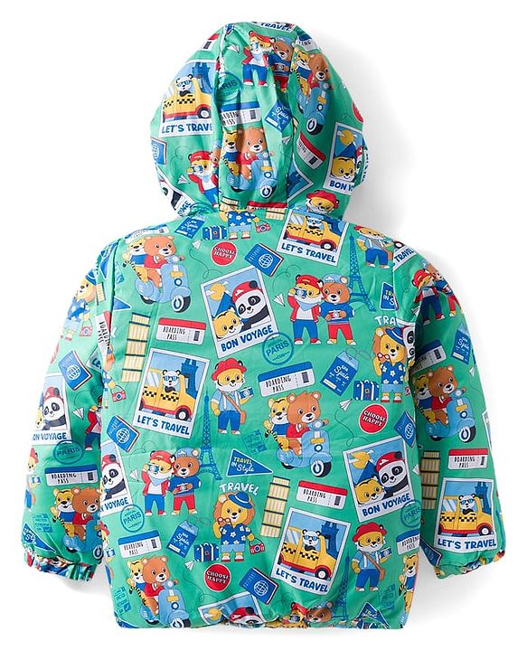 Babyhug Woven Full Sleeves Hooded Padded Reversible Jacket with Animal Print - Sea Green