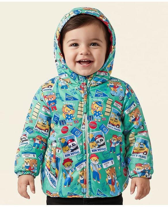 Babyhug Woven Full Sleeves Hooded Padded Reversible Jacket with Animal Print - Sea Green