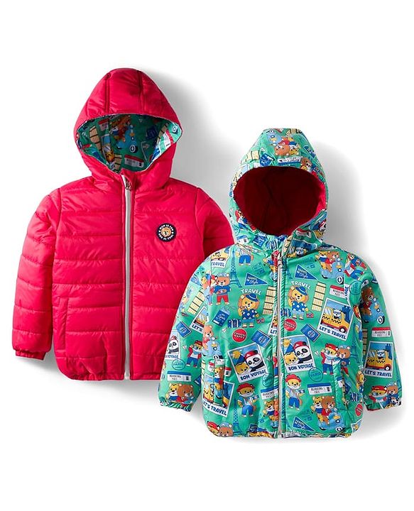 Babyhug Woven Full Sleeves Hooded Padded Reversible Jacket with Animal Print - Sea Green