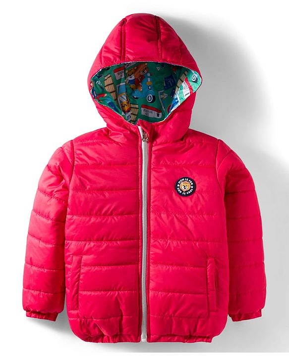 Babyhug Woven Full Sleeves Hooded Padded Reversible Jacket with Animal Print - Sea Green