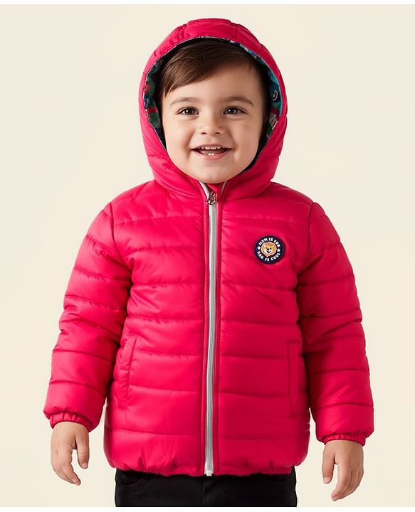 Babyhug Woven Full Sleeves Hooded Padded Reversible Jacket with Animal Print - Sea Green