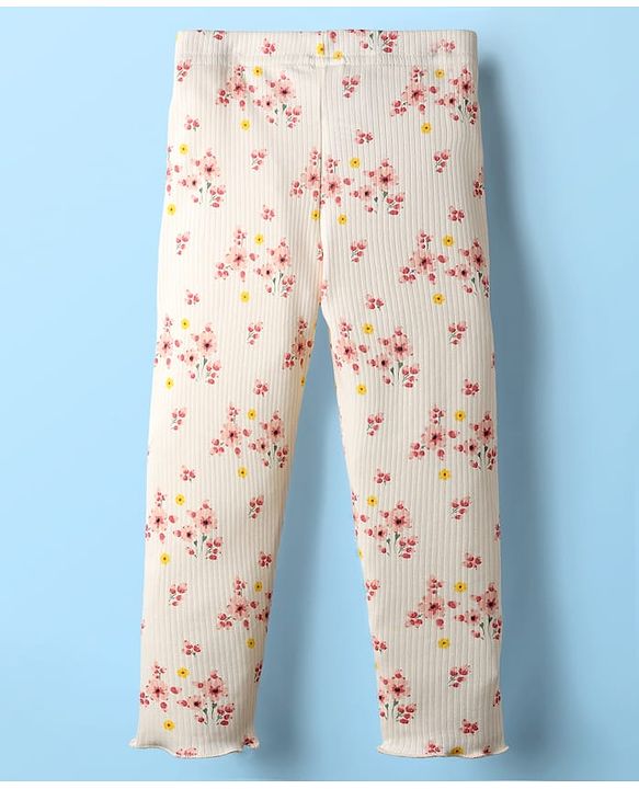 Babyhug Rib Cotton Knit Full Length Leggings With Stretch & Floral Print - White