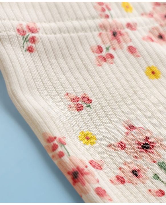 Babyhug Rib Cotton Knit Full Length Leggings With Stretch & Floral Print - White
