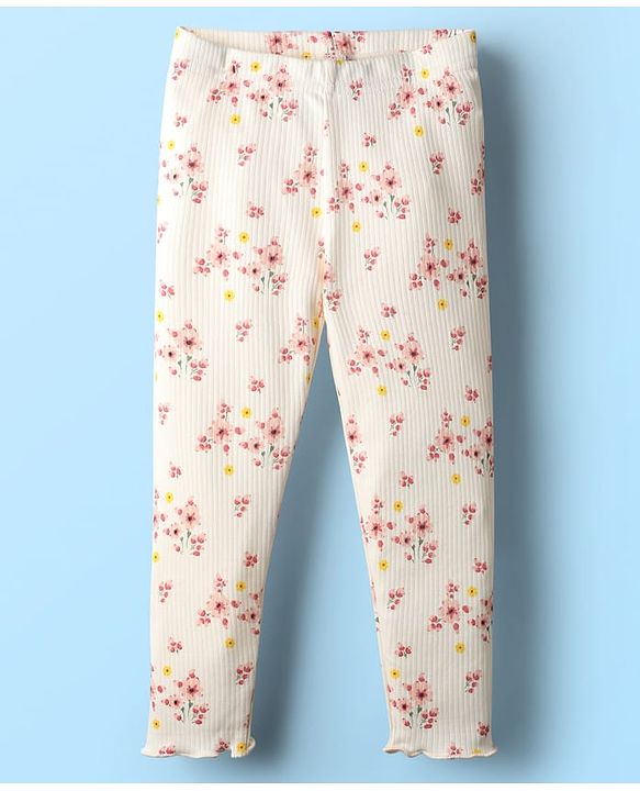 Babyhug Rib Cotton Knit Full Length Leggings With Stretch & Floral Print - White
