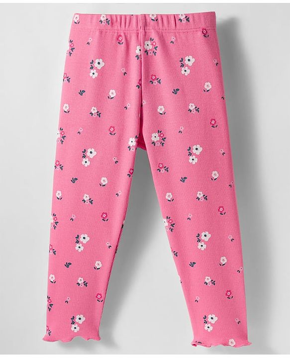 Babyhug Rib Cotton Knit Full Length Leggings With Stretch & Floral Print - Pink