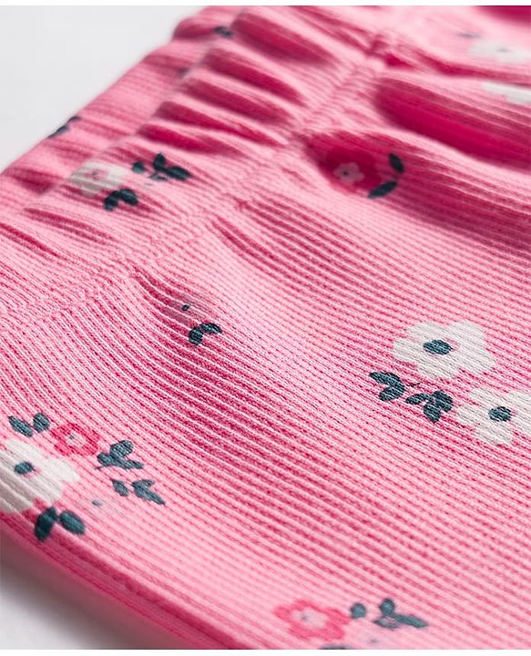 Babyhug Rib Cotton Knit Full Length Leggings With Stretch & Floral Print - Pink