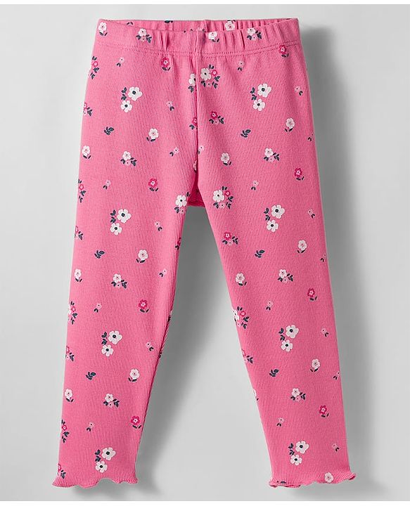 Babyhug Rib Cotton Knit Full Length Leggings With Stretch & Floral Print - Pink
