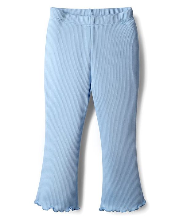 Babyhug Rib Cotton Knit Full Length Solid Colour Flared Leggings With Stretch - Blue