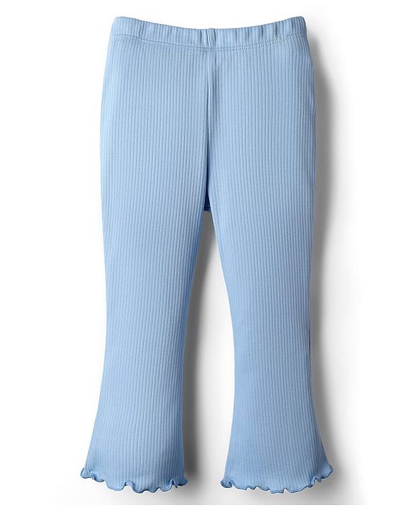 Babyhug Rib Cotton Knit Full Length Solid Colour Flared Leggings With Stretch - Blue