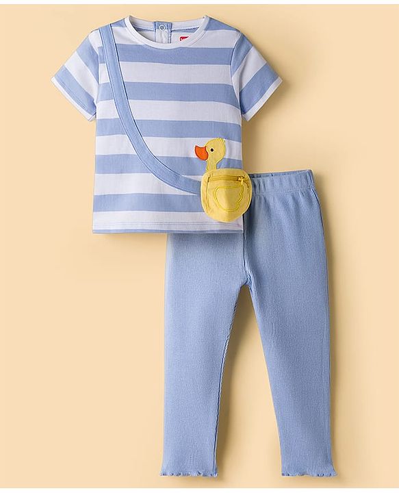 Babyhug Terry Knit Half Sleeves Top & Joggers Set with Pouch Applique & Stripes - Lavender & White