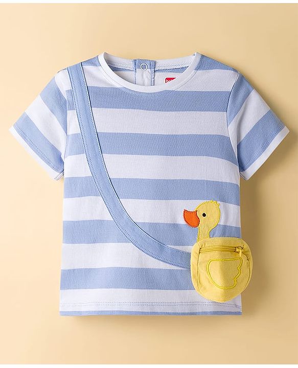 Babyhug Terry Knit Half Sleeves Top & Joggers Set with Pouch Applique & Stripes - Lavender & White
