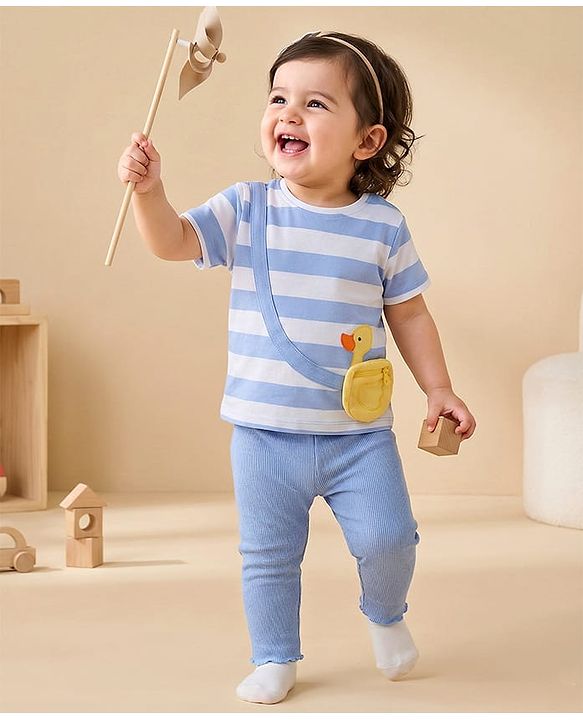 Babyhug Terry Knit Half Sleeves Top & Joggers Set with Pouch Applique & Stripes - Lavender & White