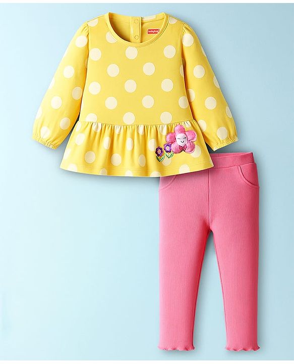 Babyhug Single Jersey Knit Full Sleeves Top and Leggings Set with Polka Dot & Floral Applique & Embroidery - Pink & Yellow