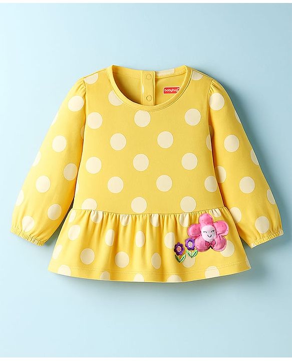 Babyhug Single Jersey Knit Full Sleeves Top and Leggings Set with Polka Dot & Floral Applique & Embroidery - Pink & Yellow