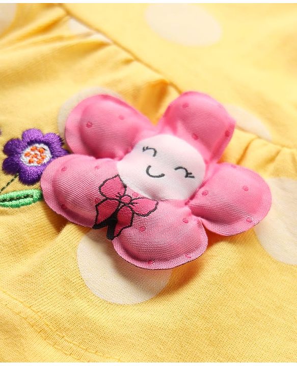 Babyhug Single Jersey Knit Full Sleeves Top and Leggings Set with Polka Dot & Floral Applique & Embroidery - Pink & Yellow