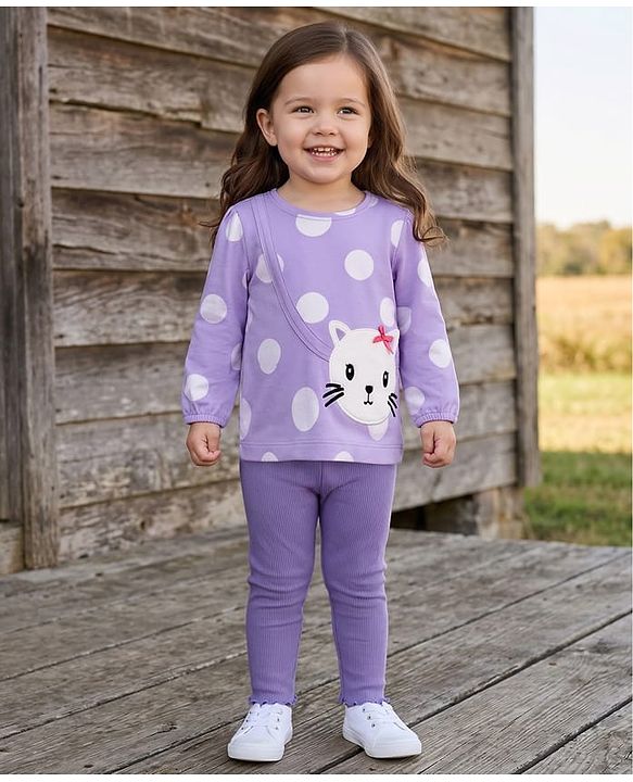 Babyhug Single Jersey Knit Full Sleeves Top and Leggings with Polka Dots & Cat Patch Print - Lavender