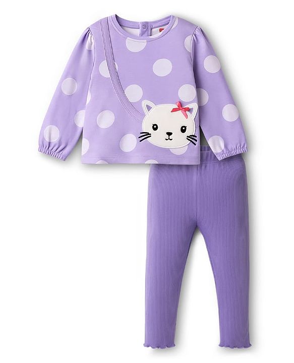 Babyhug Single Jersey Knit Full Sleeves Top and Leggings with Polka Dots & Cat Patch Print - Lavender