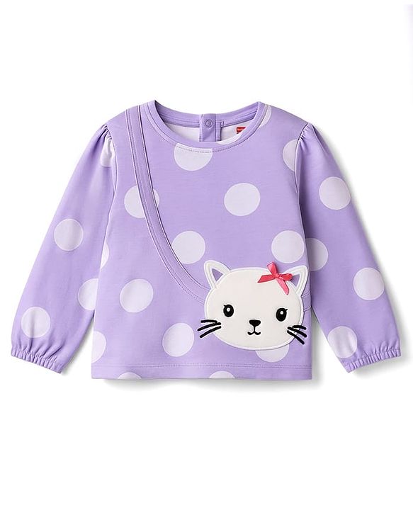 Babyhug Single Jersey Knit Full Sleeves Top and Leggings with Polka Dots & Cat Patch Print - Lavender