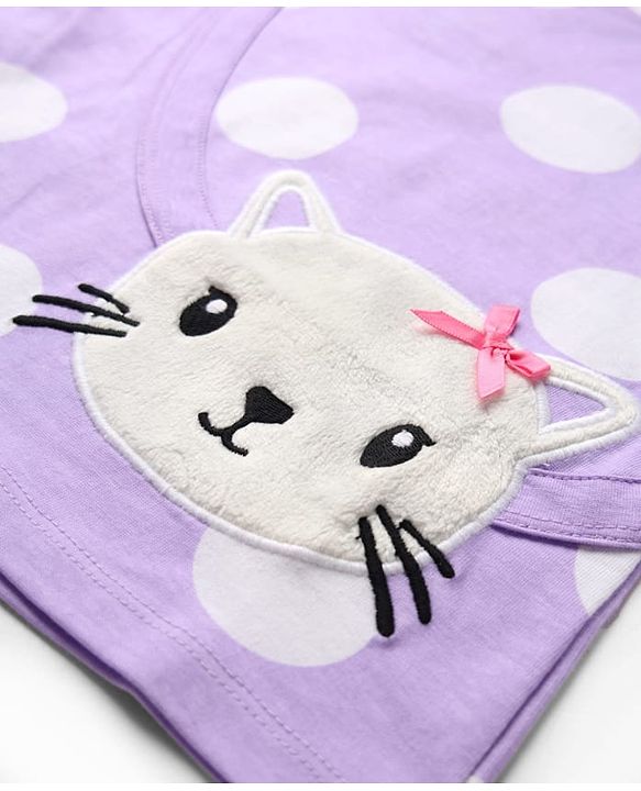 Babyhug Single Jersey Knit Full Sleeves Top and Leggings with Polka Dots & Cat Patch Print - Lavender