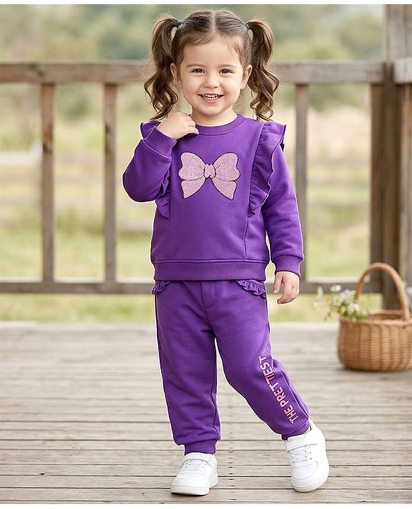 Babyhug Terry Knit Premium Light Gauge Terry Full Sleeves Top & Joggers Set With Bow Print - Purple