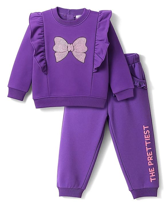 Babyhug Terry Knit Premium Light Gauge Terry Full Sleeves Top & Joggers Set With Bow Print - Purple