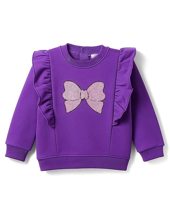 Babyhug Terry Knit Premium Light Gauge Terry Full Sleeves Top & Joggers Set With Bow Print - Purple