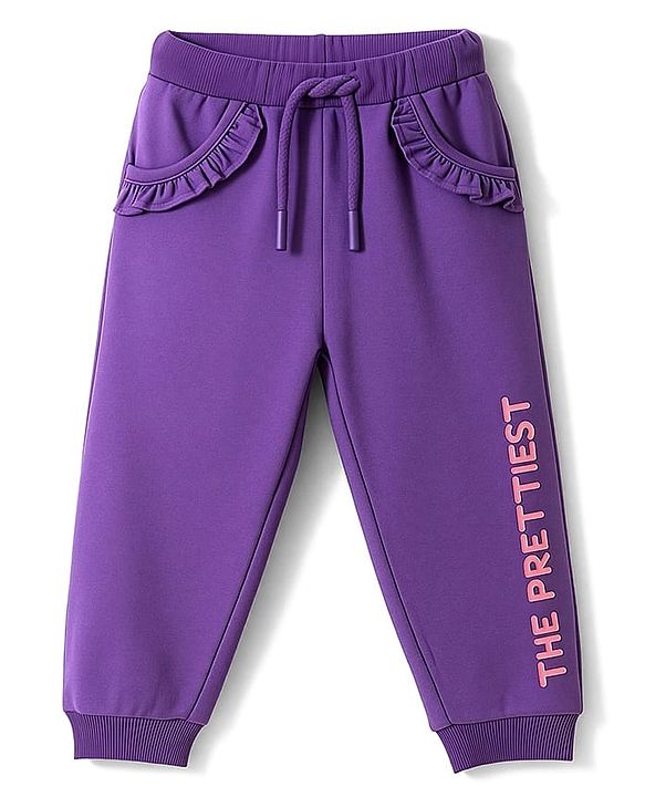 Babyhug Terry Knit Premium Light Gauge Terry Full Sleeves Top & Joggers Set With Bow Print - Purple