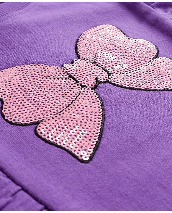 Babyhug Terry Knit Premium Light Gauge Terry Full Sleeves Top & Joggers Set With Bow Print - Purple