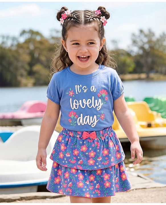Babyhug Single Jersey Knit Half Sleeves Top and Skirt Set with Floral & Text Print - Blue