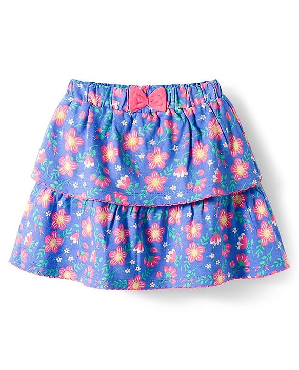 Babyhug Single Jersey Knit Half Sleeves Top and Skirt Set with Floral & Text Print - Blue