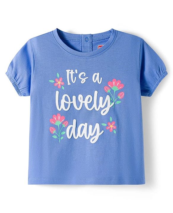 Babyhug Single Jersey Knit Half Sleeves Top and Skirt Set with Floral & Text Print - Blue