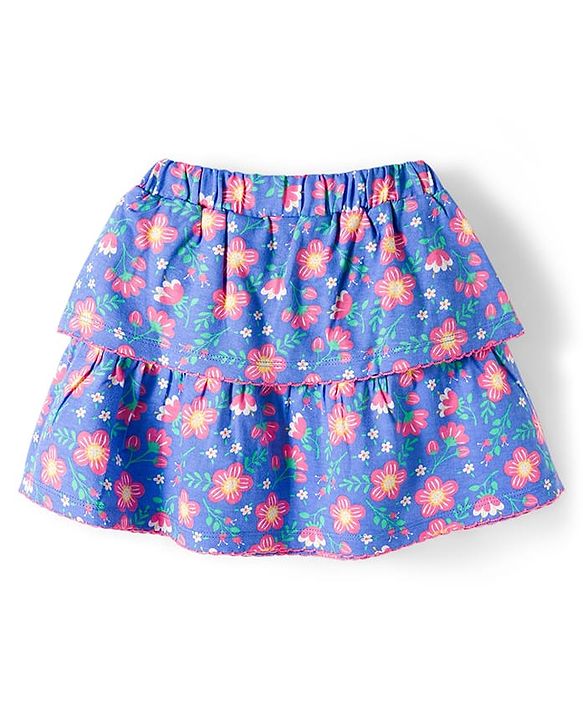 Babyhug Single Jersey Knit Half Sleeves Top and Skirt Set with Floral & Text Print - Blue