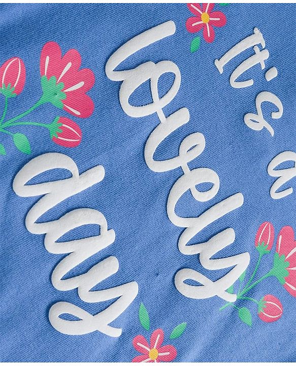 Babyhug Single Jersey Knit Half Sleeves Top and Skirt Set with Floral & Text Print - Blue