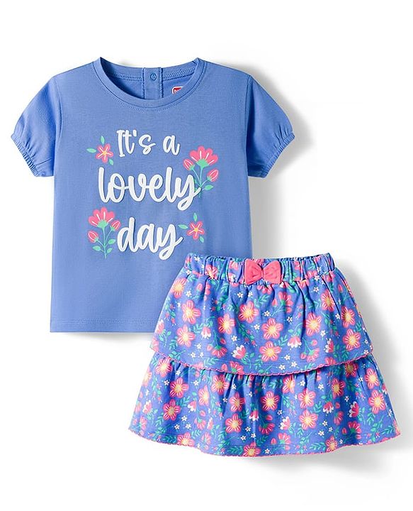 Babyhug Single Jersey Knit Half Sleeves Top and Skirt Set with Floral & Text Print - Blue