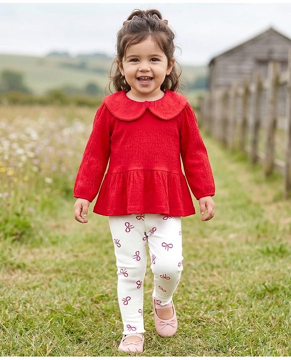 Babyhug 100% Cotton Single Jersey Knit Full Sleeves Top and Pant Set With Bow Print - Red & White
