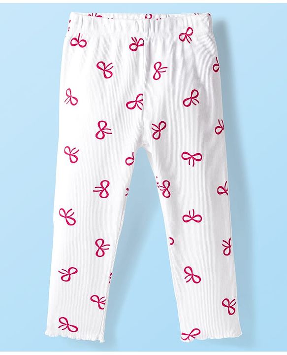 Babyhug 100% Cotton Single Jersey Knit Full Sleeves Top and Pant Set With Bow Print - Red & White