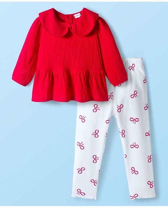 Babyhug 100% Cotton Single Jersey Knit Full Sleeves Top and Pant Set With Bow Print - Red & White