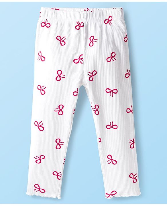 Babyhug 100% Cotton Single Jersey Knit Full Sleeves Top and Pant Set With Bow Print - Red & White