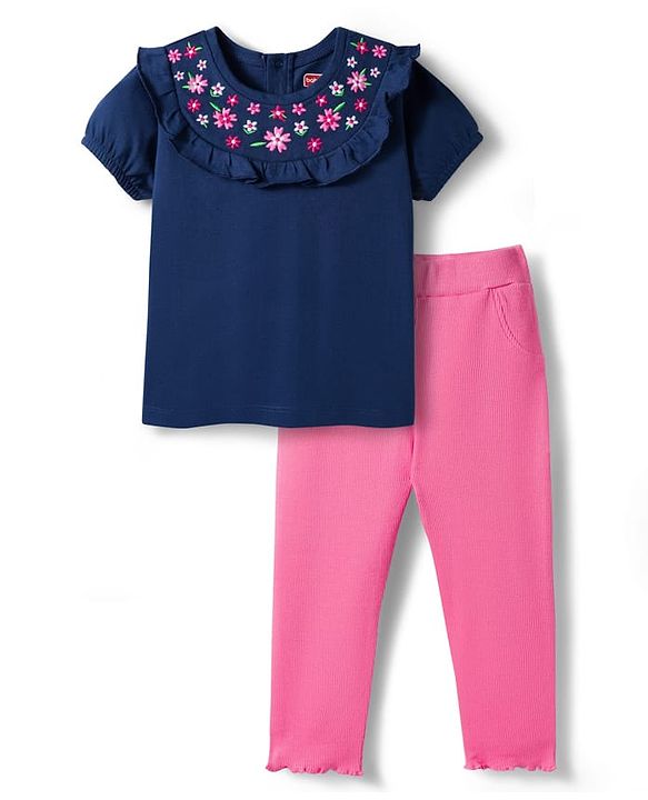 Babyhug Single Jersey Knit Top and Leggings Set With Floral Embroidery & Frill Detailing - Navy Blue & Pink