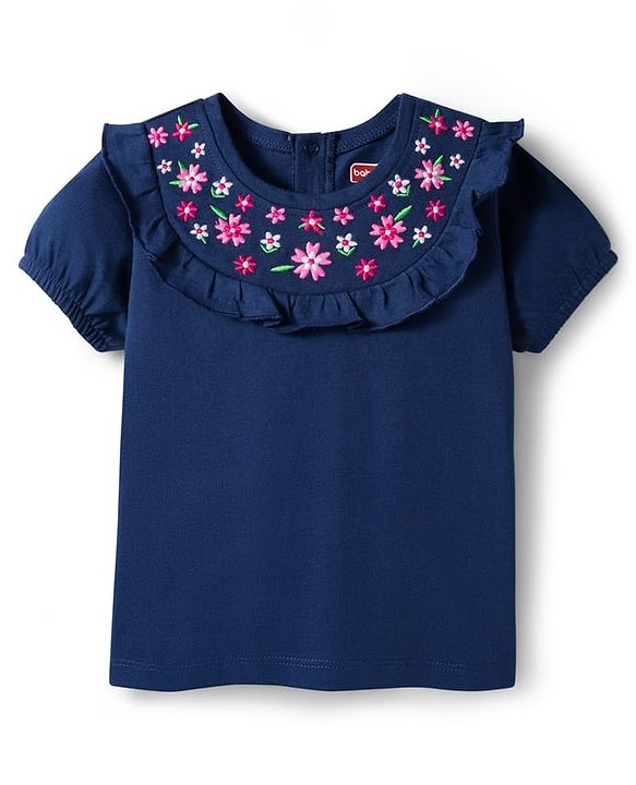 Babyhug Single Jersey Knit Top and Leggings Set With Floral Embroidery & Frill Detailing - Navy Blue & Pink