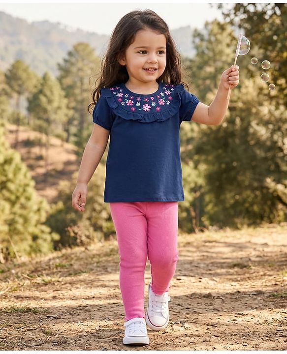 Babyhug Single Jersey Knit Top and Leggings Set With Floral Embroidery & Frill Detailing - Navy Blue & Pink