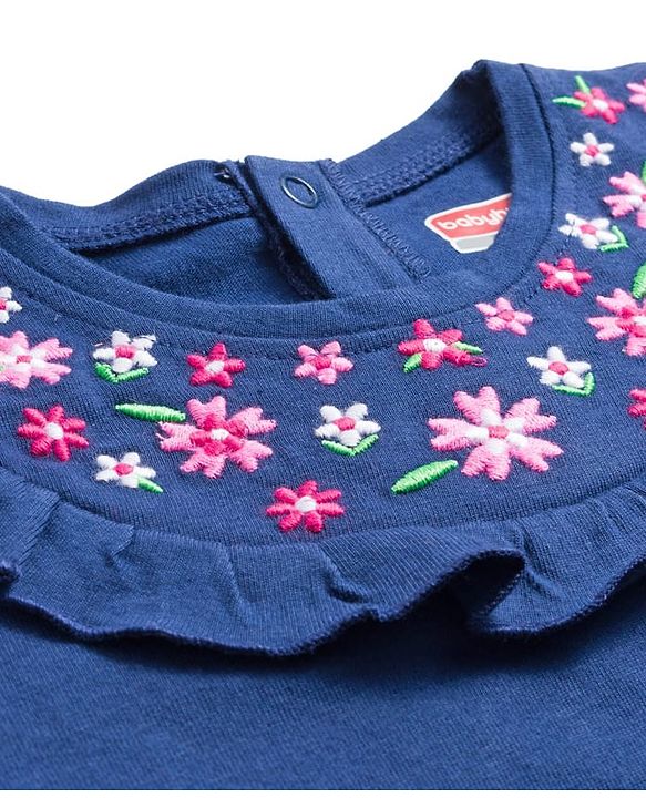 Babyhug Single Jersey Knit Top and Leggings Set With Floral Embroidery & Frill Detailing - Navy Blue & Pink